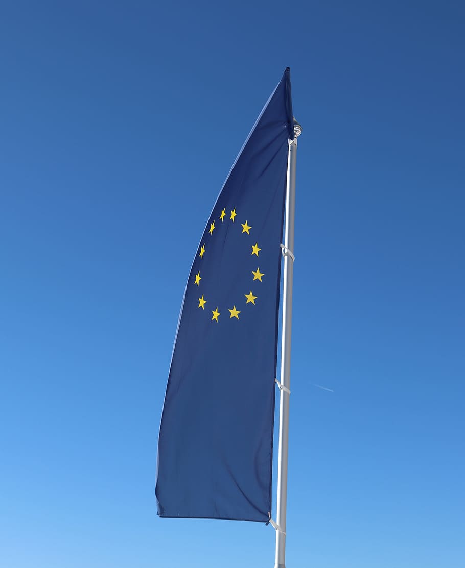 flag, europe, eu, european, blow, blue, star, flutter, wind, sky