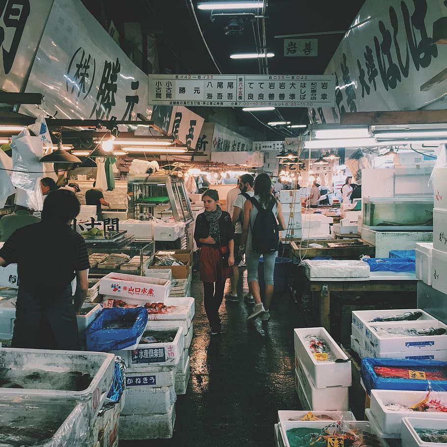 korea, wet, market, meat, seafoods, vendor, people, box, retail, real people