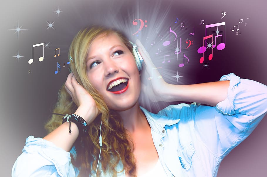woman, wearing, gray, corded, headphones, musical, notes, singer, karaoke, girl