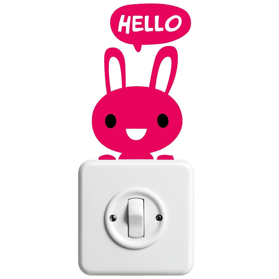 white, toggle switch, red, rabbit decor, sticker, hare, hello, light switch, funny, illustration