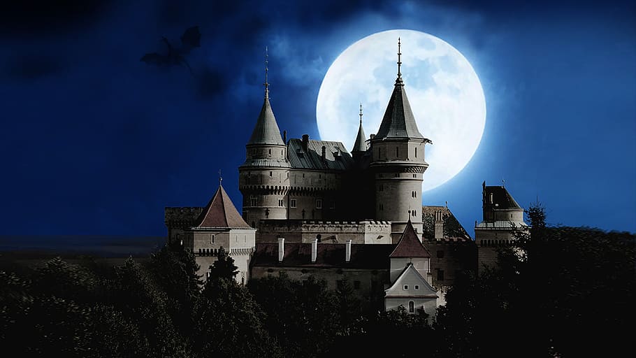 medieval, castelo, dragão, noite, céu, lua, lua cheia, castelo medieval, castelo com dragão, dragão com castelo