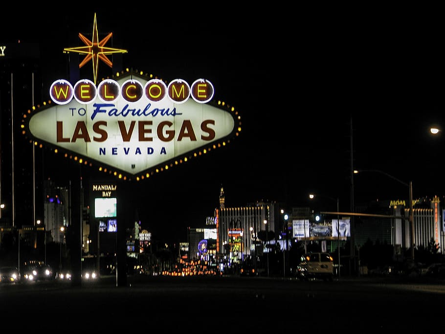 noche, Las Vegas Sign, en la noche, Nevada, foto, Las Vegas, luces, dominio público, Sin City, Estados Unidos