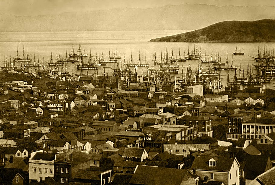 port, san francisco, 1851, Port of San Francisco, California, city, public domain, United States, black And White, cityscape