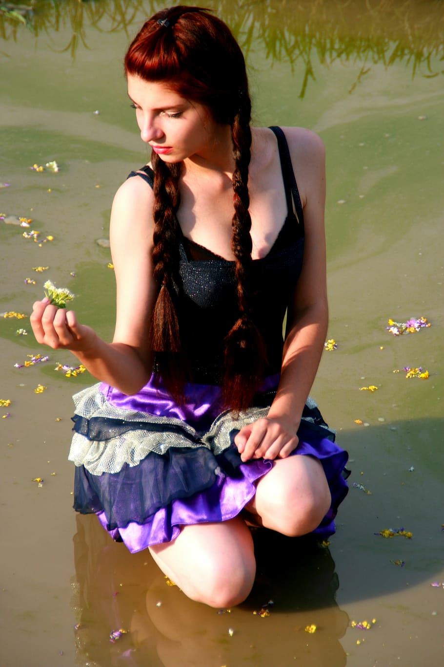 woman, kneeling, pond, holding, white, petal flower, Girl, Lake, Flowers, Mov