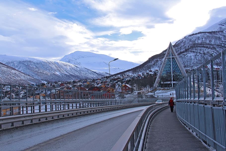 iconic, cathedral, tromso bridge, arctic cathedral, breathtaking, scenic, amazing, snow, red, traditional