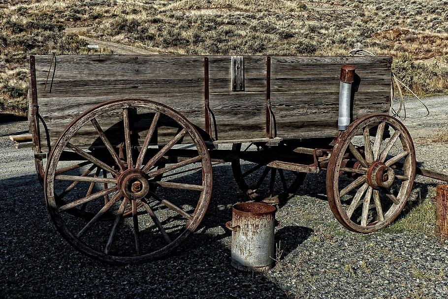 gray, wooden, utility trailer, wagon, wild west, wheel, vintage, rural, antique, transportation