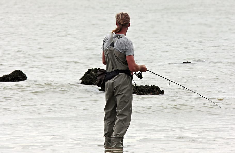 man, holding, fishing rod, angler, fish, north sea, waters, fischer, sea, beach
