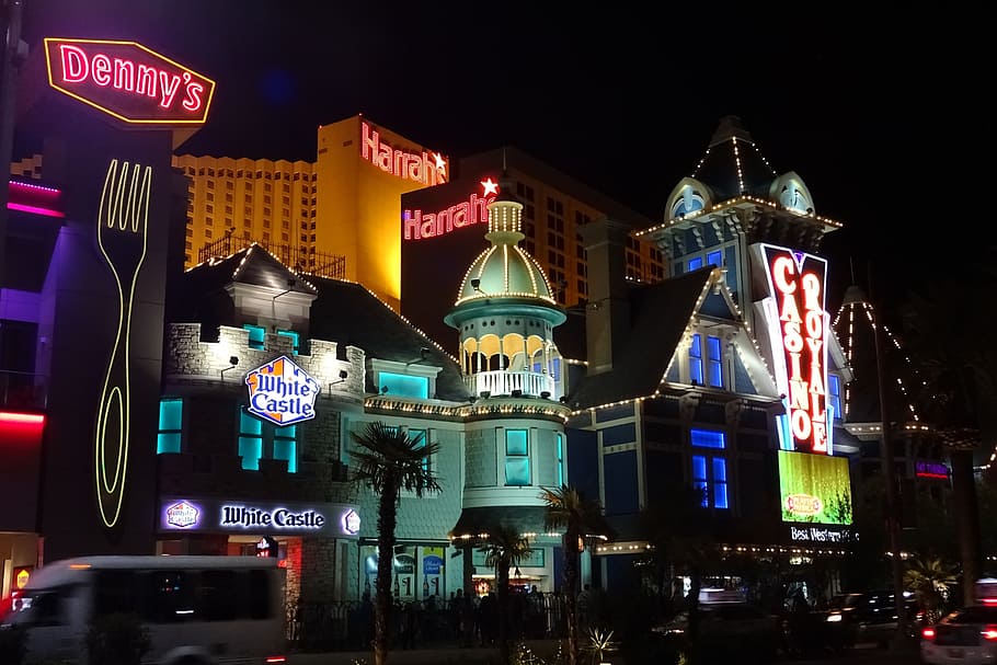 lighted, high-rise, buildings, night, las vegas, strip, entertainment, tourism, hotel, casino