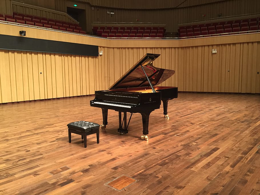 grand, piano, berumbai, hitam, kursi ottoman, coklat, lantai kayu, aula konser changsha, panggung, piano steinway