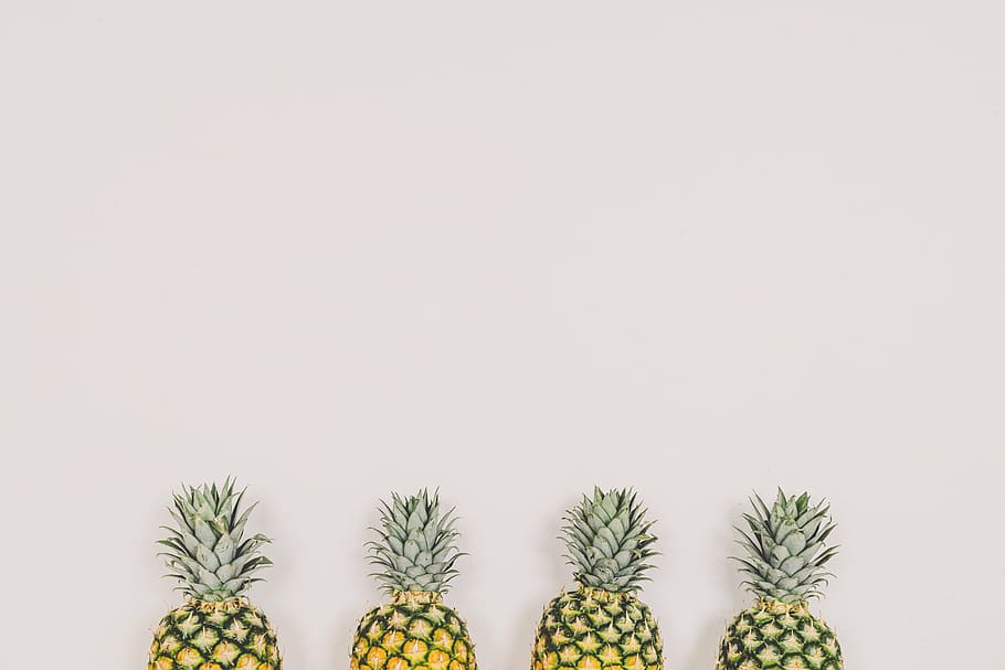 yellow-and-green pineapple fruits, white, wall, pineapple, dessert, appetizer, fruit, juice, crop, white background