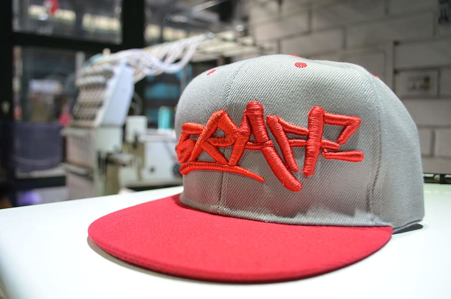 grey, red, graff, embroidered, cap, table, headdress, hip hop, snapback, chilean
