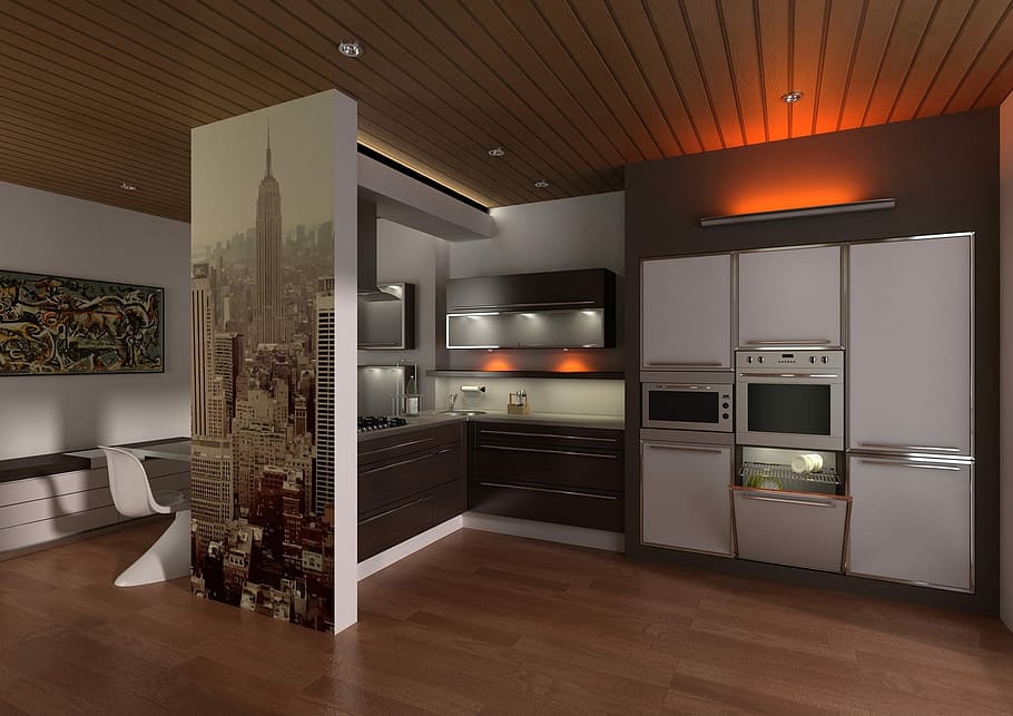 white, kitchen, empire state building painting, room, set, living room, domestic kitchen, domestic room, oven, luxury