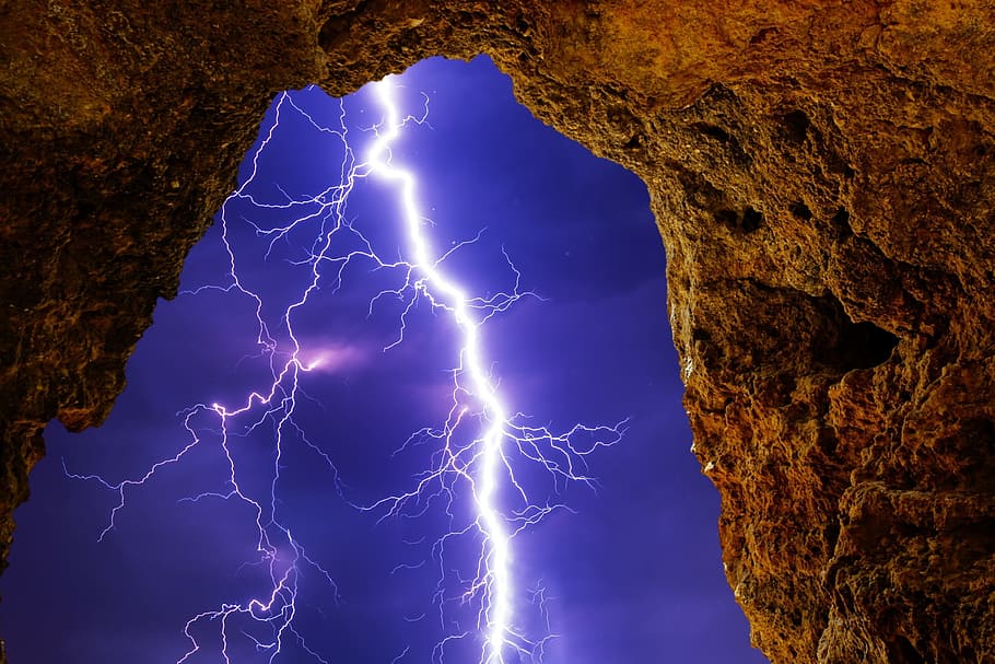 lightning, seen, inside, cave, rock, coast, rocky coast, steinig, rock arch, rocky