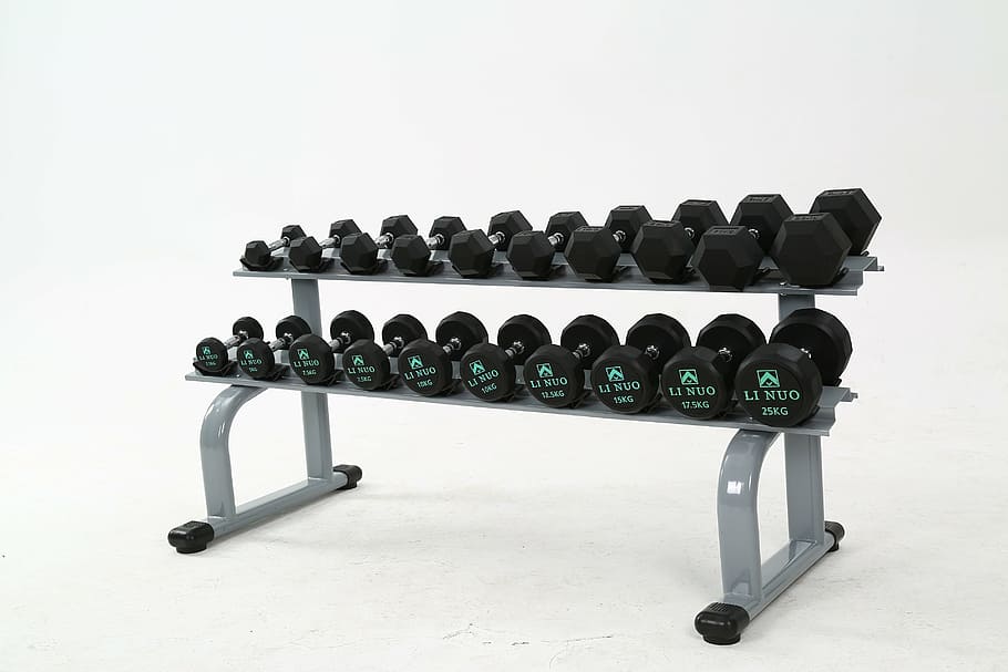 fitness equipment, dumbbell, a pair of, twelve corner dumbbells, men's fitness, indoors, weights, sports training, white background, weight training