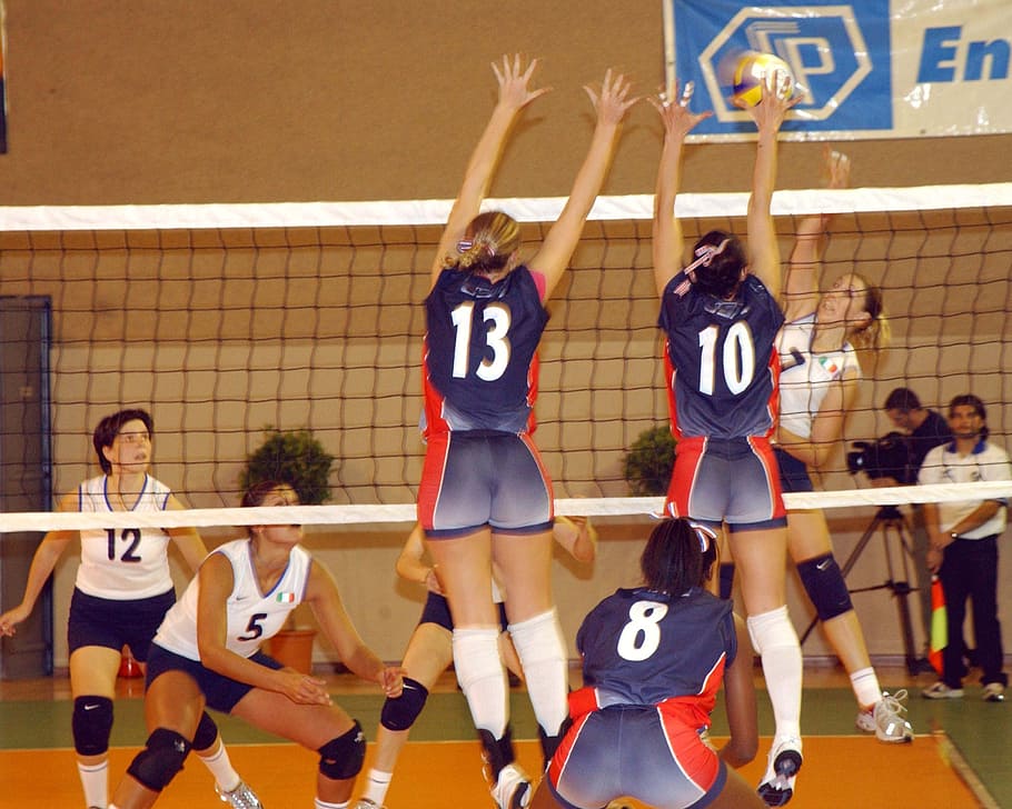 two, volleyball players, blocking, spike, volleyball, women, team, sport, competition, athlete