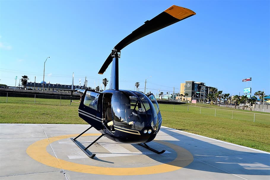 helicopter, galveston, texas, seawall boulevard, aviation, flying, landed, aircraft, transportation, flight