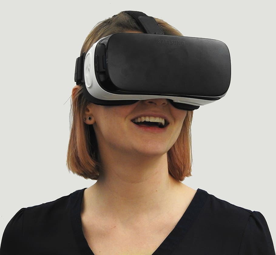 woman, wearing, vr headset, vr, virtual reality, technology, virtual, reality, device, headset