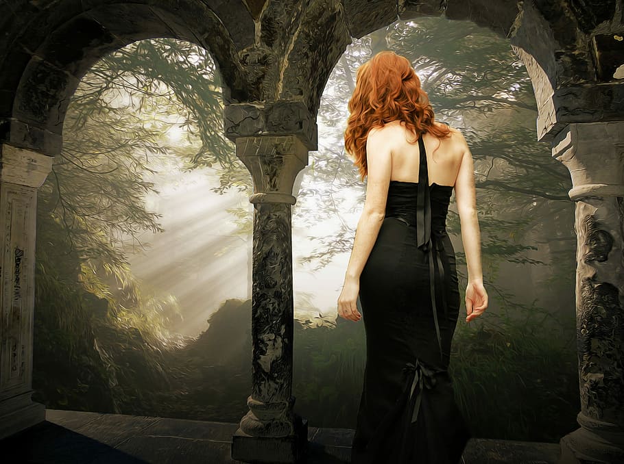 photography, woman, wearing, black, halter-neck dress, gothic, fantasy, dark, windows, forest