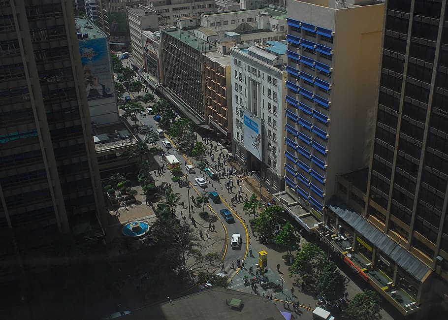 Nairobi, Kenia, África, negocios, calle, ciudad, edificio, centro de la ciudad, intersección, tráfico