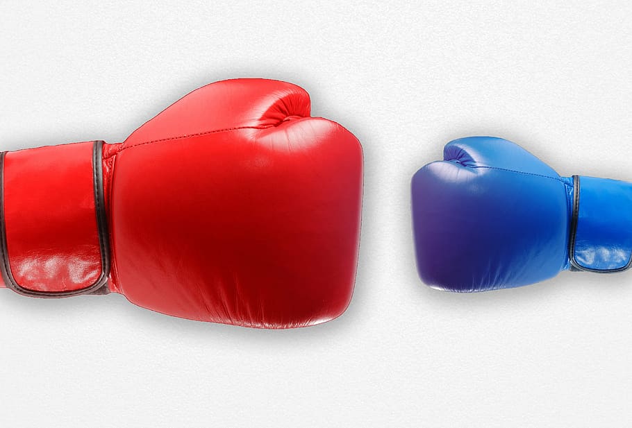 red, blue, boxing gloves, fight, box, unfair, weak, strong, small, large