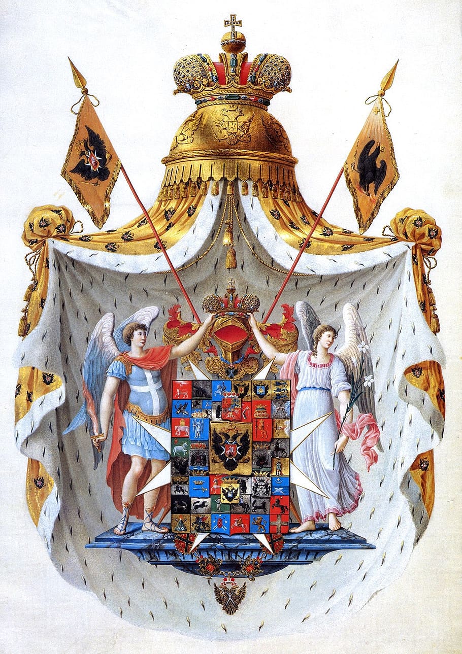 coat of arms, russia, russian empire, tsardom, 1800, human representation, representation, art and craft, spirituality, male likeness