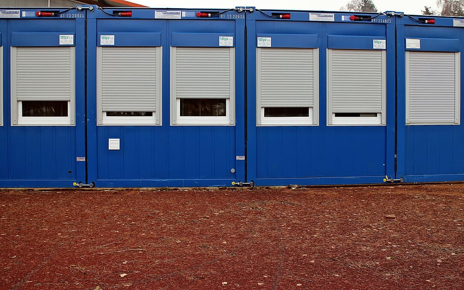 blue, shed, ground, container, mobile, mobile raumzelle, room modules, apartment, habitable containers, construction containers