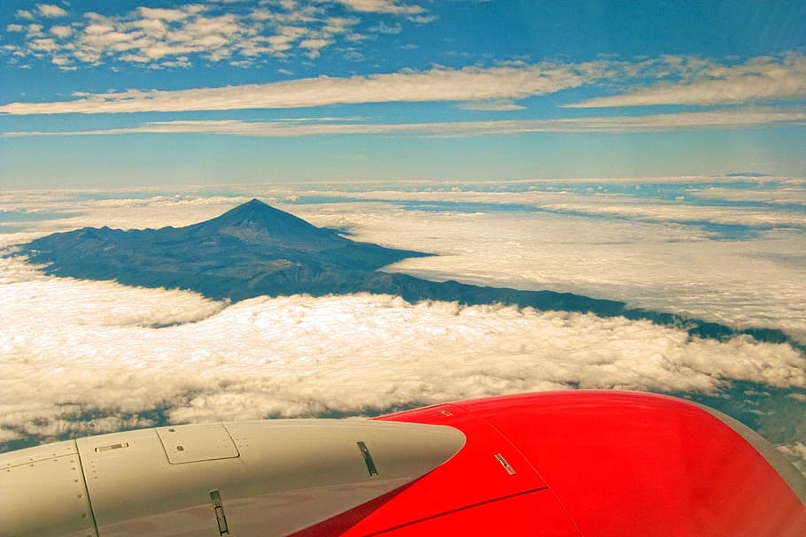 red, gray, plane, mid, air, El Teide, Tenerife, Mountain, Flight, volcano
