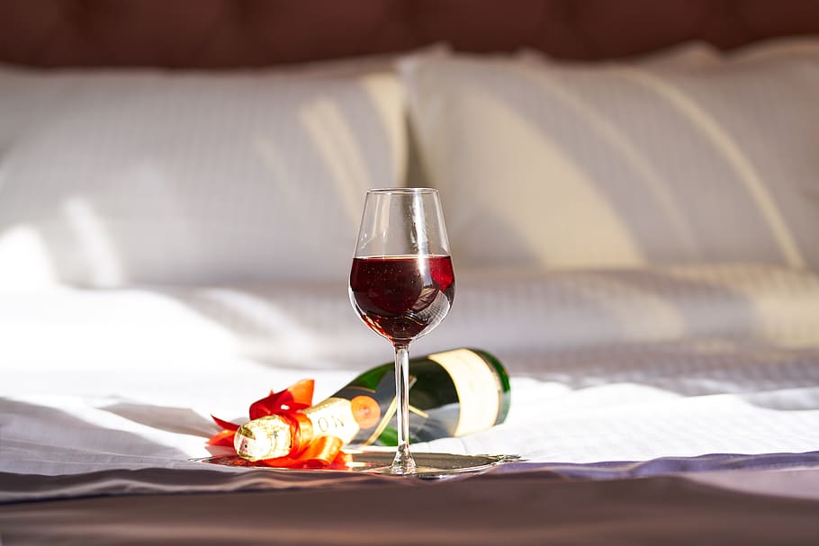 wine, a toast, red, bottle, bed, romantic, valentine's day, love, double, alcohol