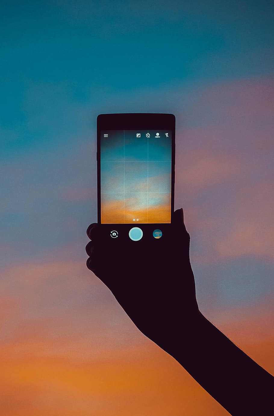 person, holding, black, android smartphone, capturing, sky, mobile, phone, camera, photography