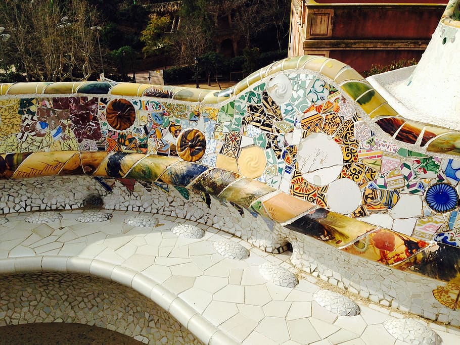 barcelona, güell park, gaudí, mosaics, day, nature, art and craft, sunlight, outdoors, built structure