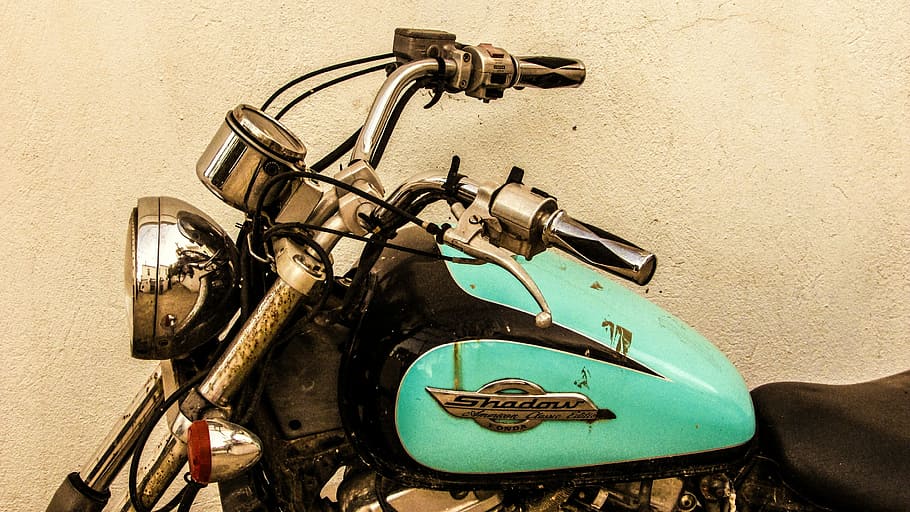 teal, black, cruiser motorcycle, motorcycle, old, rusty, dusty, vintage, bike, motorbike