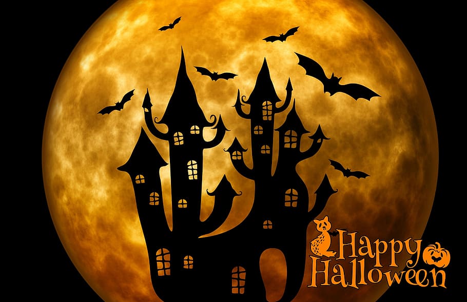 silhueta, assombrado, casa, morcegos, feliz, sobreposição de texto de halloween, dia das bruxas, castelo, estranho, surreal