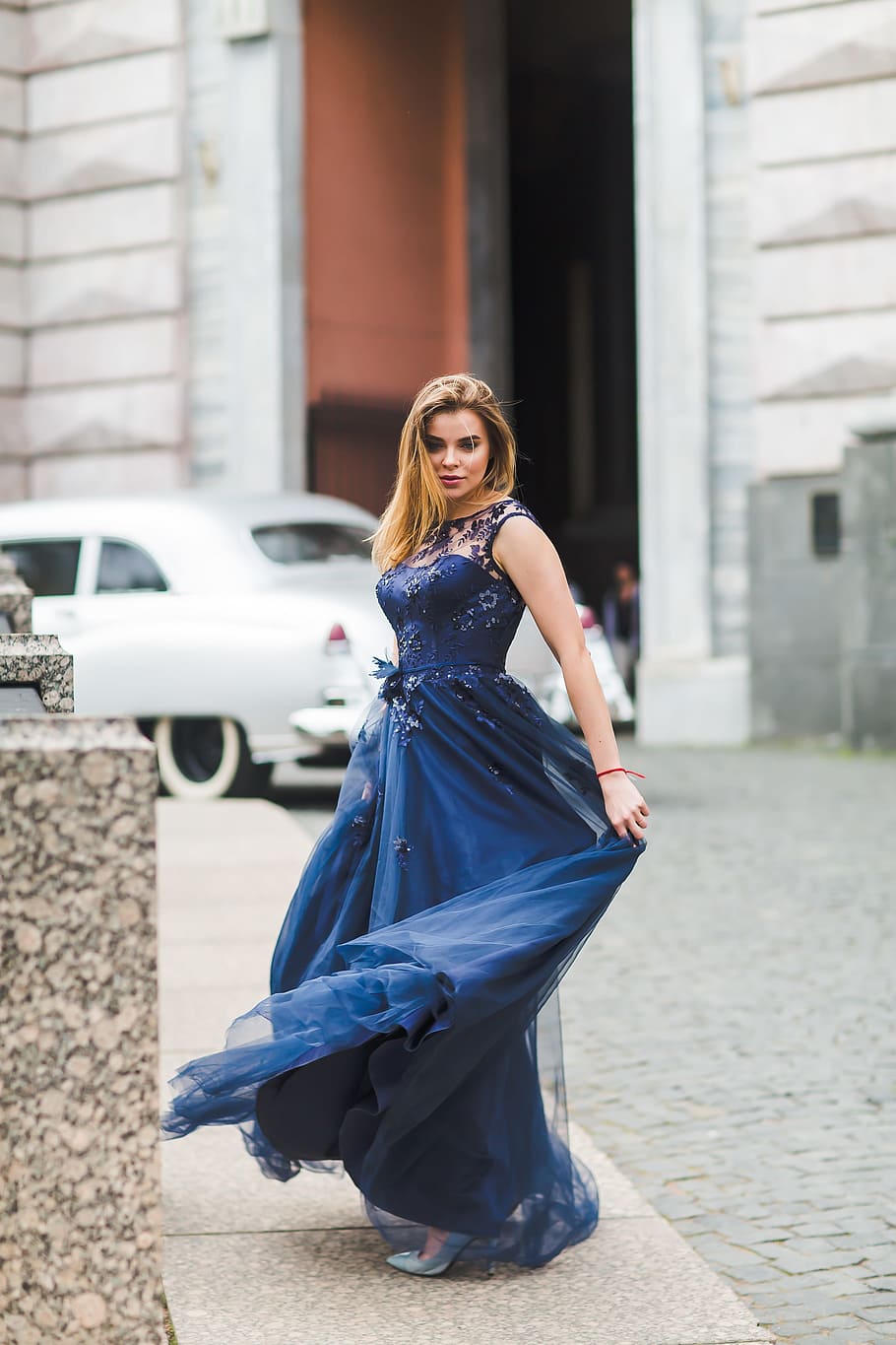 woman, wearing, blue, floral, sleeveless dress, woman in blue, dress, girl, castle, model