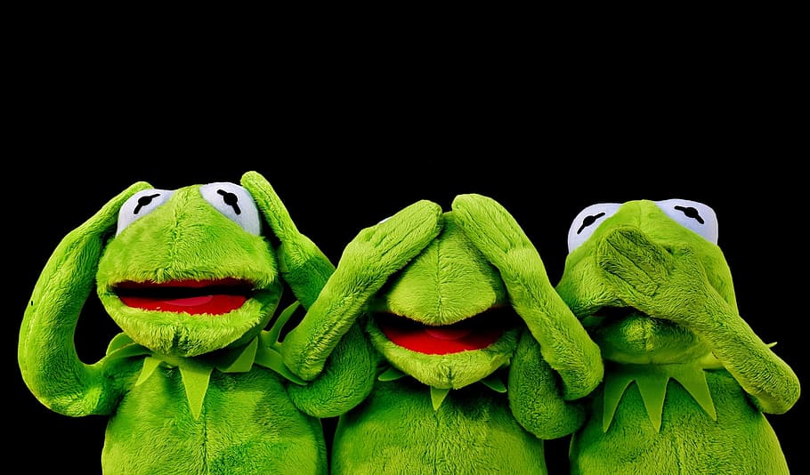 three, kermit, frog, plush, toys, not hear, not see, do not speak, funny, cute