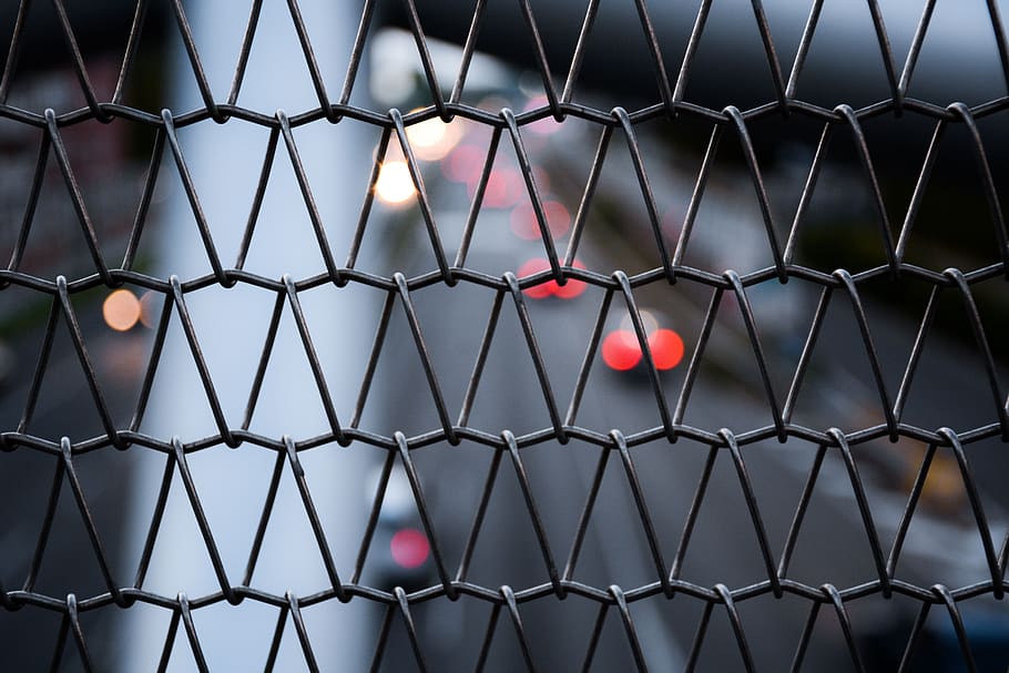 wire, fence, blur, bokeh, dark, full frame, sport, chainlink fence, protection, pattern
