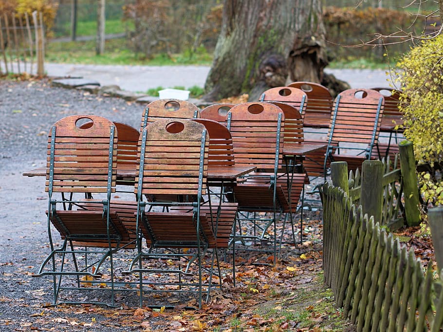 brown, wooden, black, metal chairs, gate, beer garden, dining tables, chairs, gastronomy, autumn
