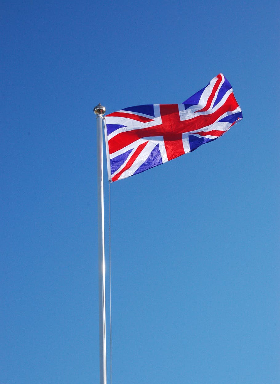 bandeira, britânico, patriotismo, azul, céu, vista de baixo ângulo, listrado, céu claro, vermelho, vento