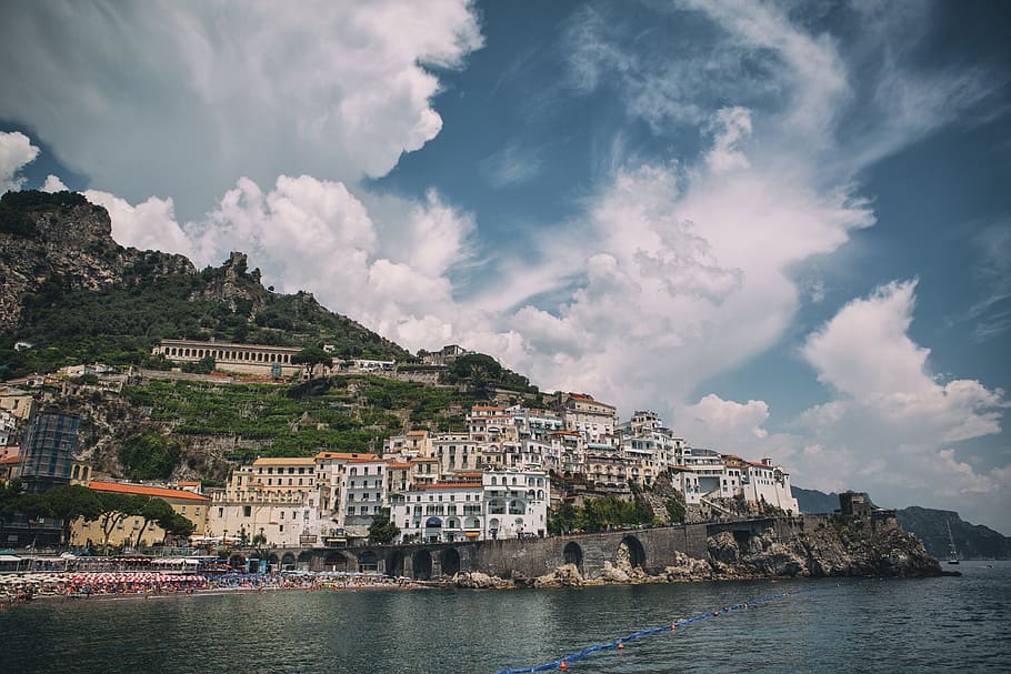 wide, angle shot, taken, pier, looking, back, amalfi town, gorgeous, Wide angle, shot