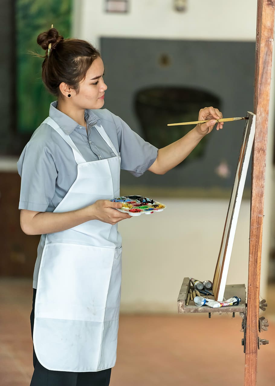 woman painting, artist, art, art work, asia, brush, canvas, unofficial, colorful, concept