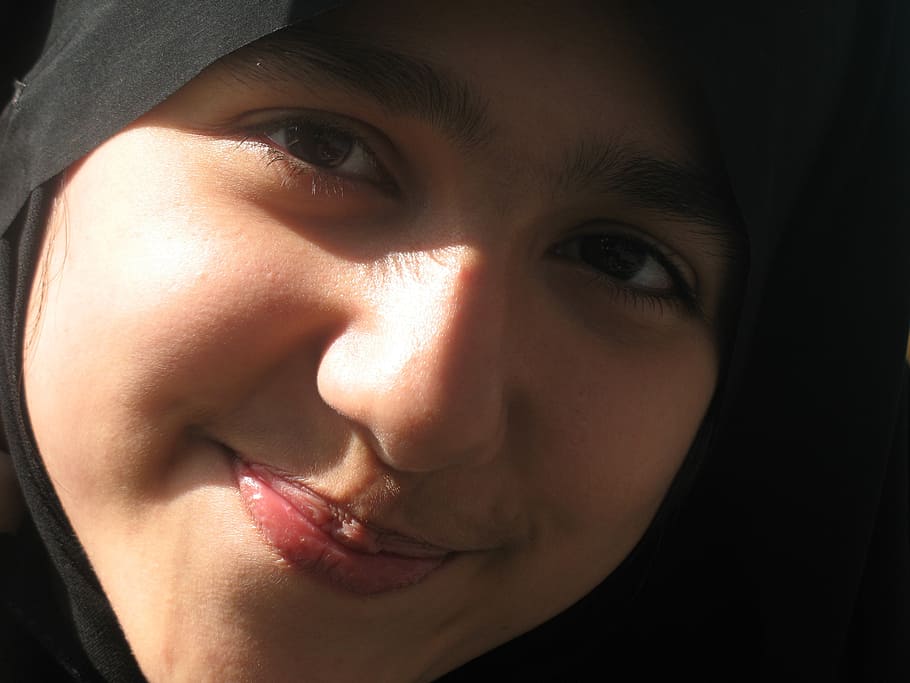 woman, wearing, black, hijab headdress, girl, happy, female, beautiful, smiling, happiness