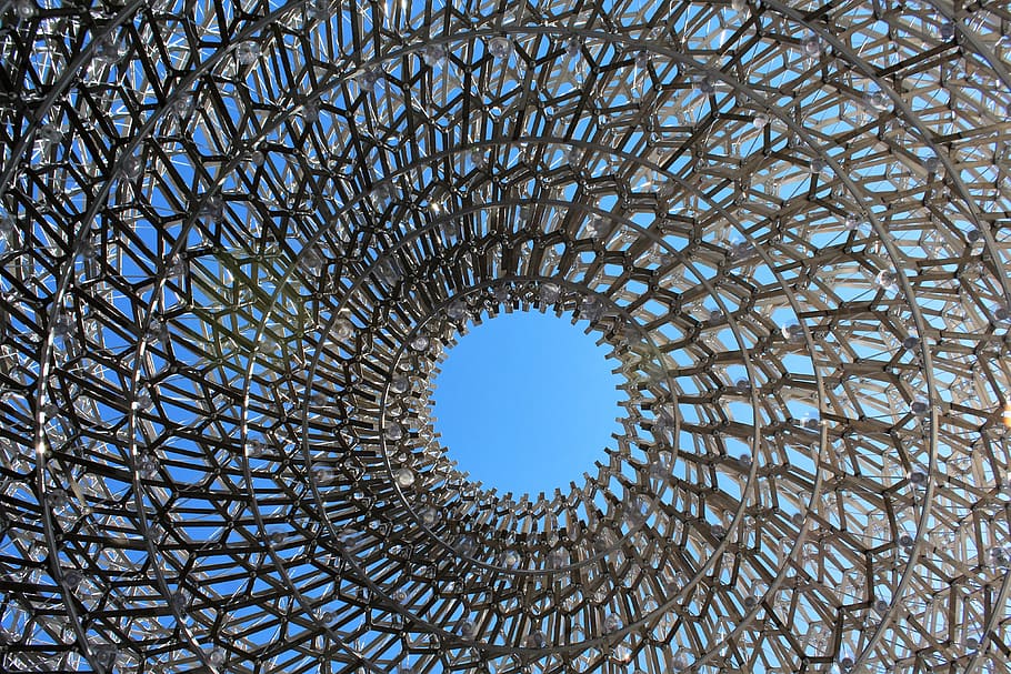 Sculpture, Psychedelic, Circle, kew gardens, london, bee hive installation, full frame, backgrounds, blue, textured
