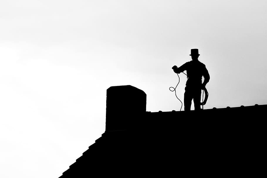 silhouette, holding, rope, rooftop, chimney sweep, roof, chimney, house roof, craft, symbol