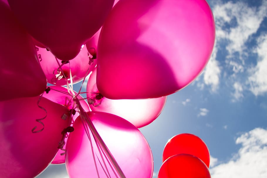 balon, warna-warni, merah, pink, biru, langit, awan, cerah, hari, pesta