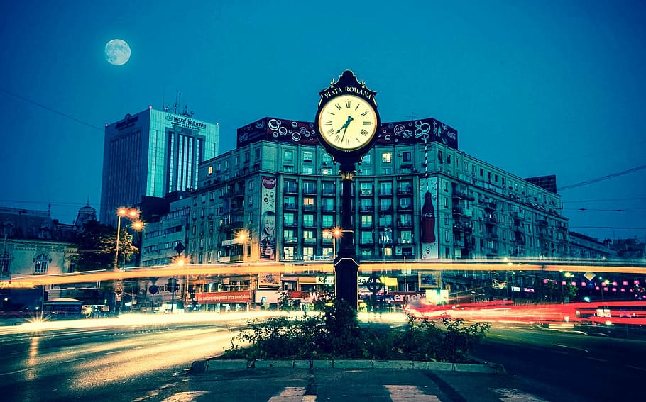 fotografía de lapso de tiempo, edificios, timelapse, fotografiado, ciudad, piata romana, rumania, europa, reloj, calle