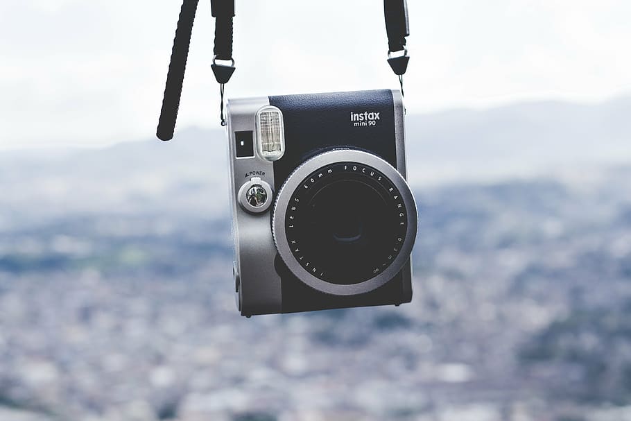black, gray, fujifilm instax camera, camera, equipment, hanging, instax mini 90, lens, outdoors, photography