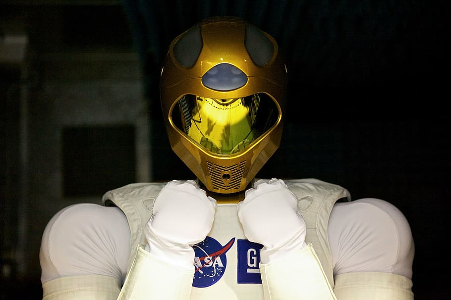 person, wearing, yellow, full-face helmet, robonaut 2, space, robot, nasa, science, technology
