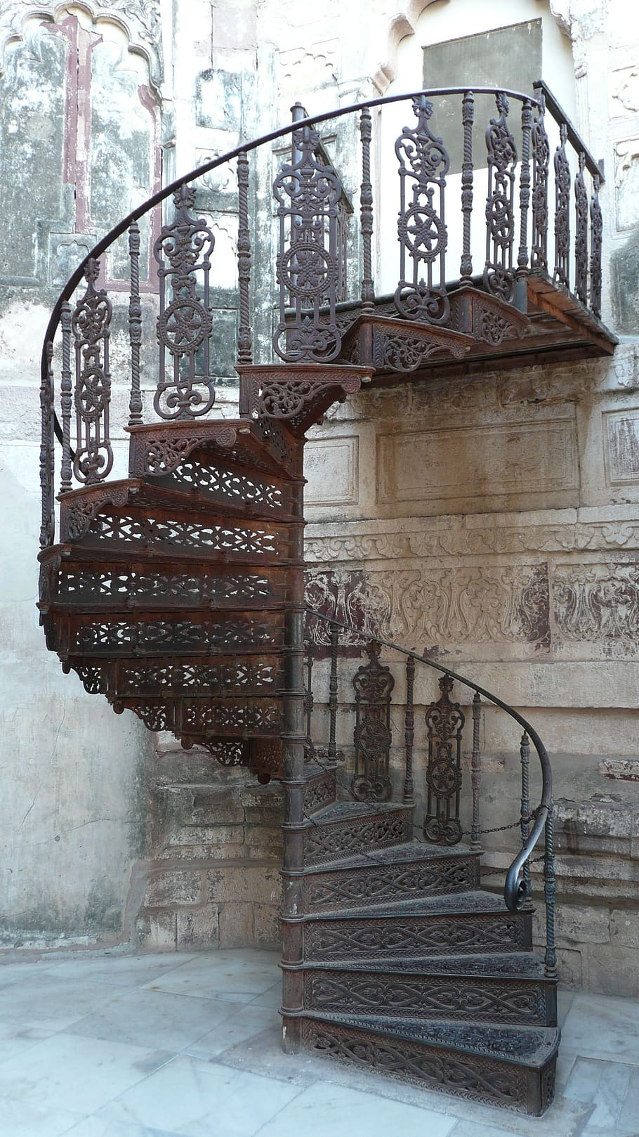 brown steel staircase, staircase, ironwork, former, hindu style, wrought iron, architecture, built structure, snow, winter