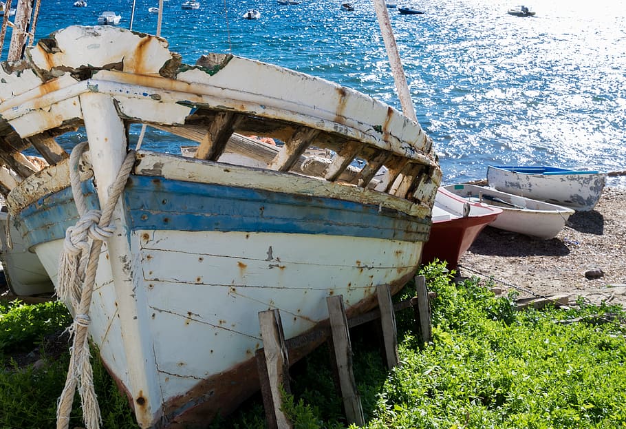 ボート, 難破船, 船, 青, 放棄された, 壊れた, 木材, 木製, さびた, 海洋