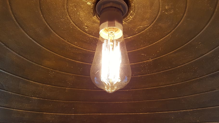 light bulb, eddison, light, illuminated, electricity, lighting equipment, filament, glowing, hanging, low angle view