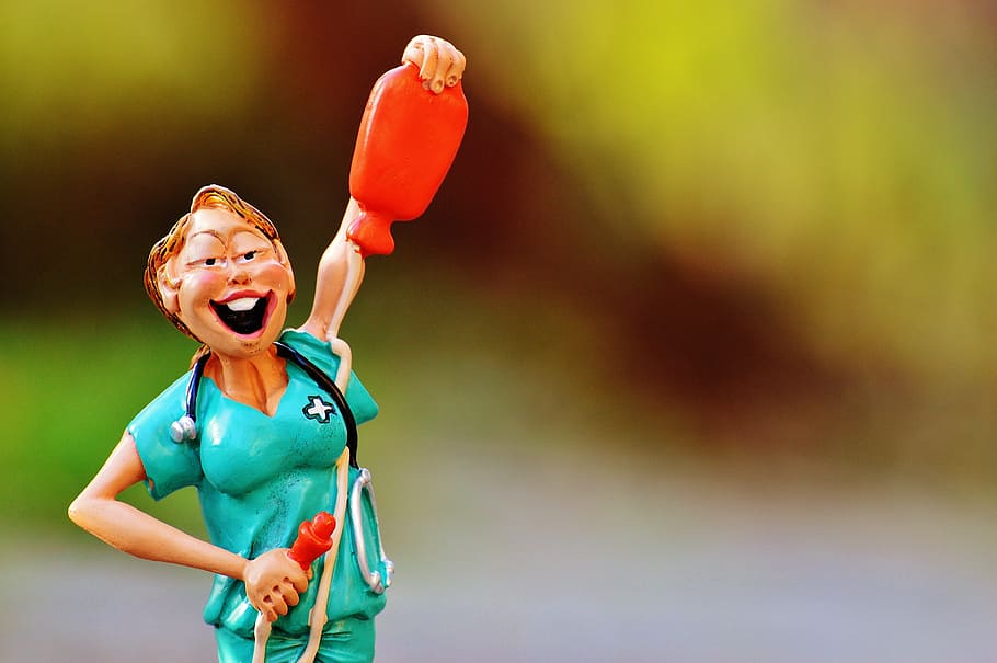 nurse, holding, red, hot, water bottle figurine, figure, funny, child, outdoors, fun